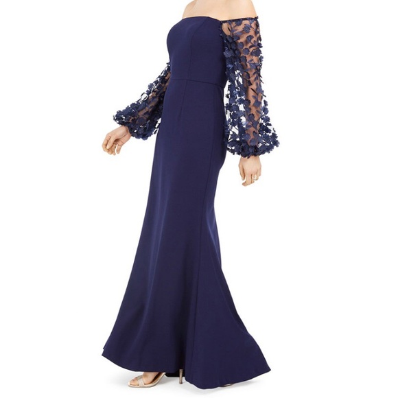 NWOT Eliza J 3 D Floral Sleeve Scuba Crepe Gown Navy Size 18 - Picture 7 of 13